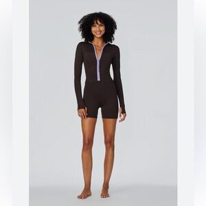Watskin Brown Mocha Long Sleeve Short Bodysuit with Purple Zipper size S